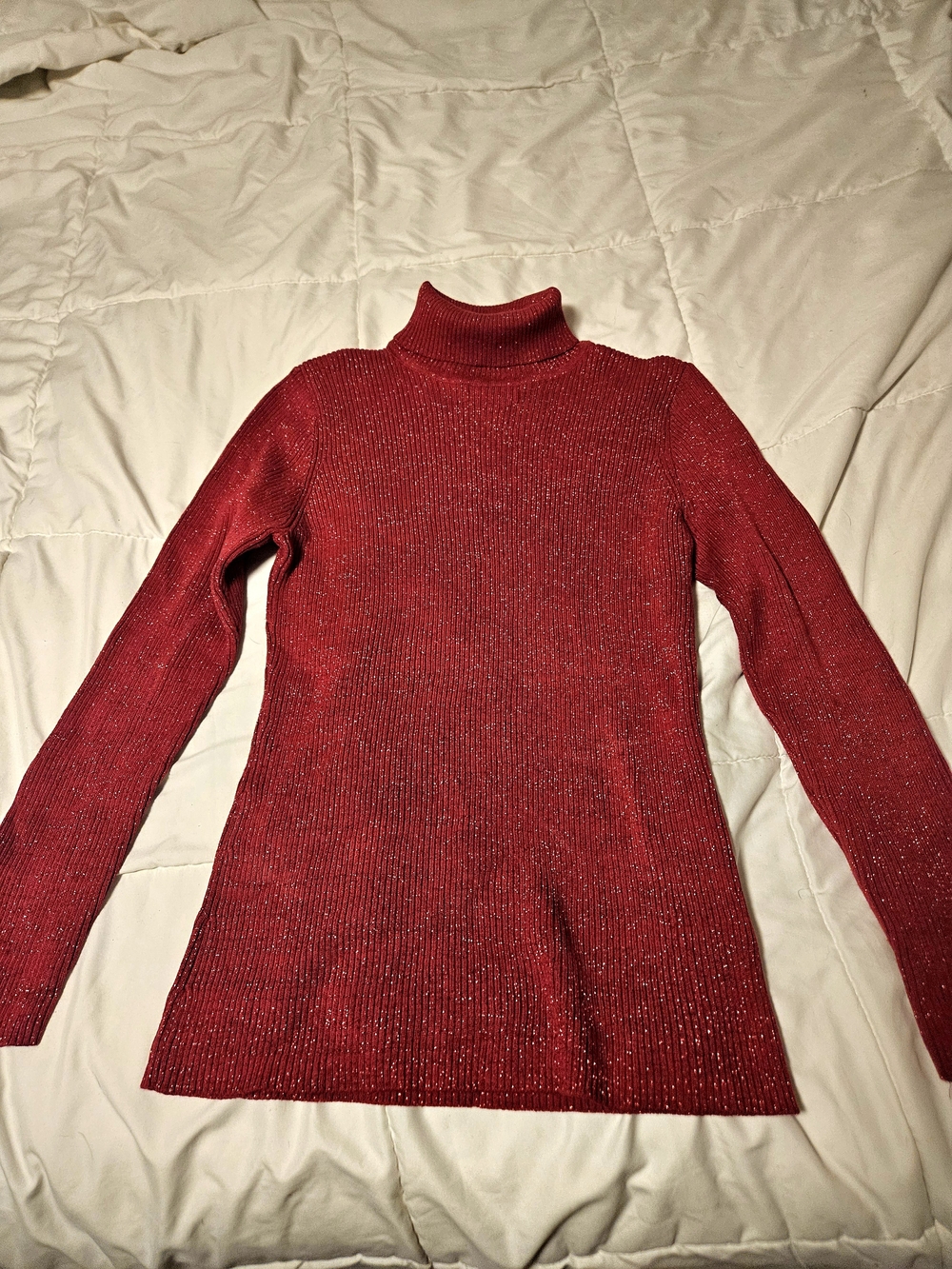 Basic Editions Red Metallic Long Sleeved Turtle Neck Ribbed Sweater